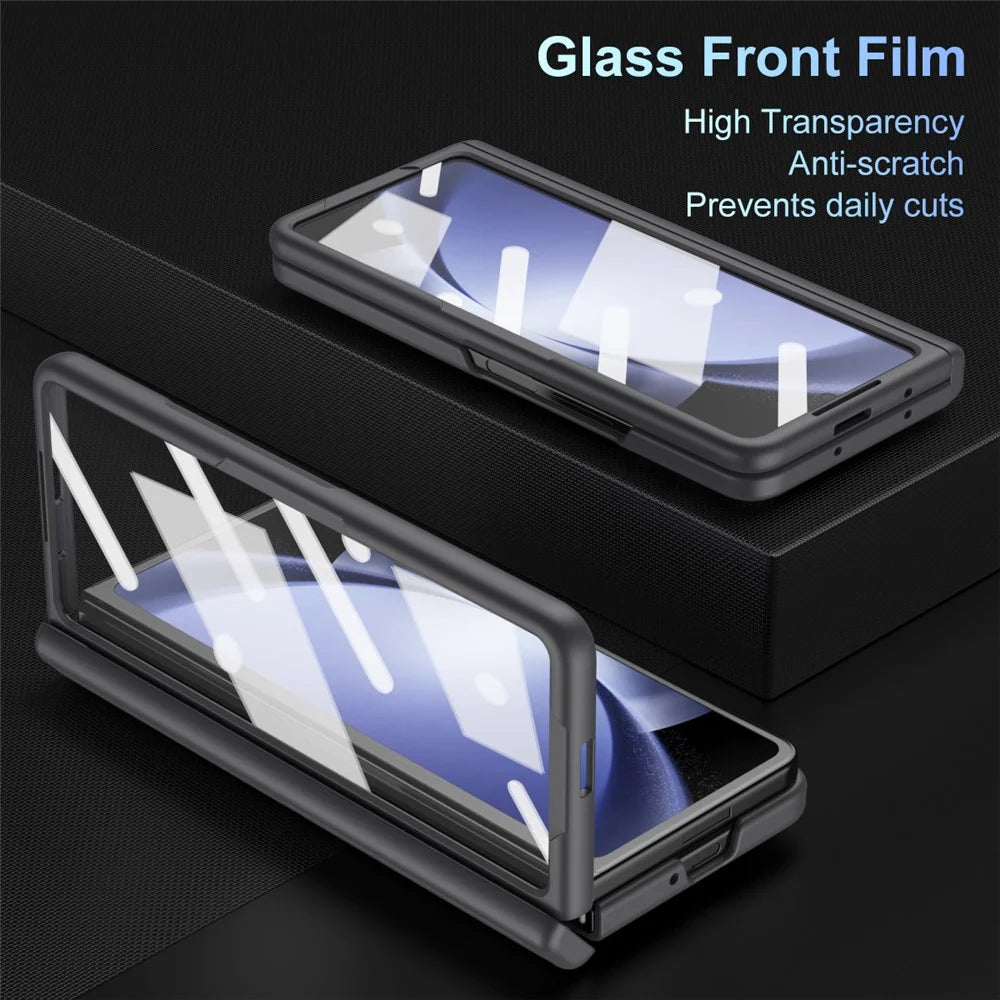 For Samsung Galaxy Z Fold5 5G Full Guard Case Hard PC Kickstand Phone Cover with Glass Film, Stylus - Black - 6