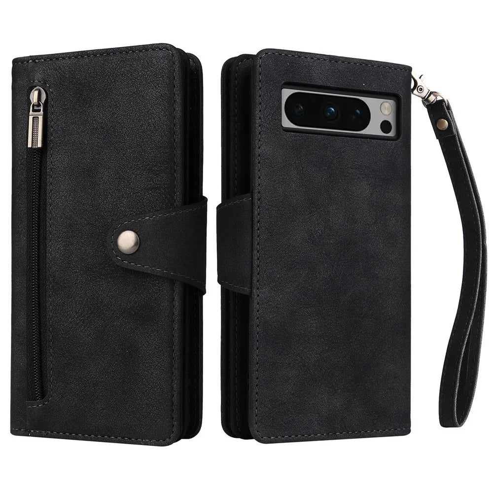 For Google Pixel 8 Pro TPU+PU Leather Phone Case Wallet Rivet Decor Stand Phone Cover - Black - 1