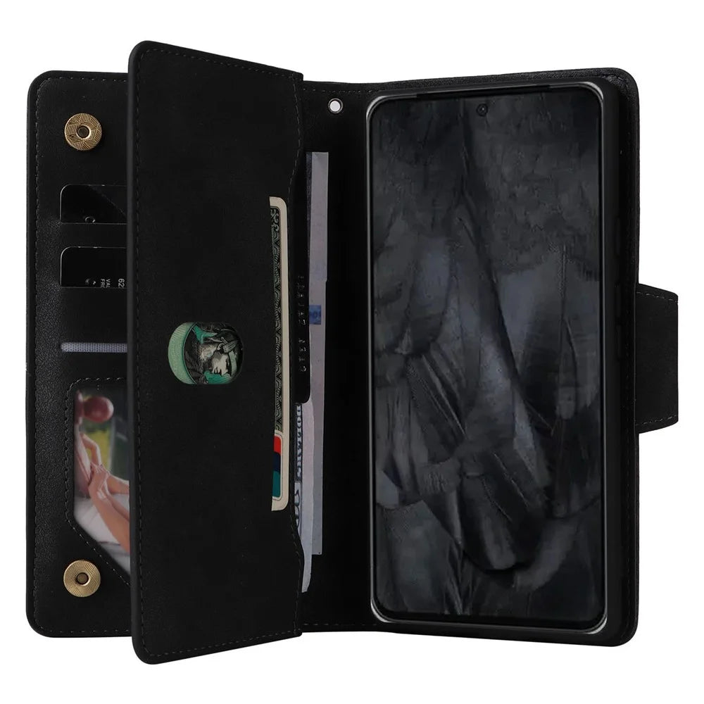For Google Pixel 8 Pro TPU+PU Leather Phone Case Wallet Rivet Decor Stand Phone Cover - Black - 3