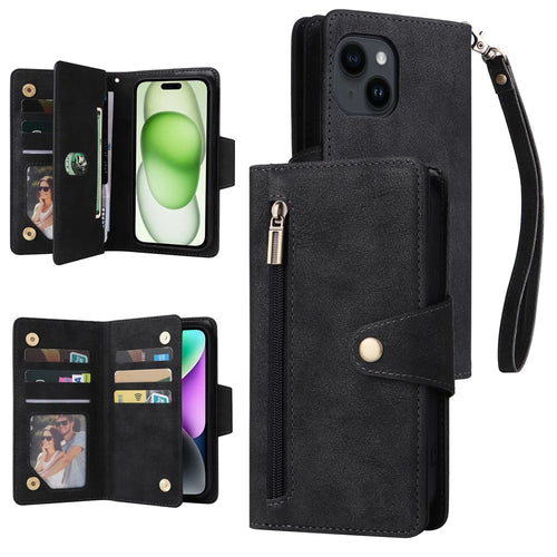 Rivet Decor Phone Case for iPhone 15 Wallet PU Leather Shell Stand Phone Cover - Black - 1