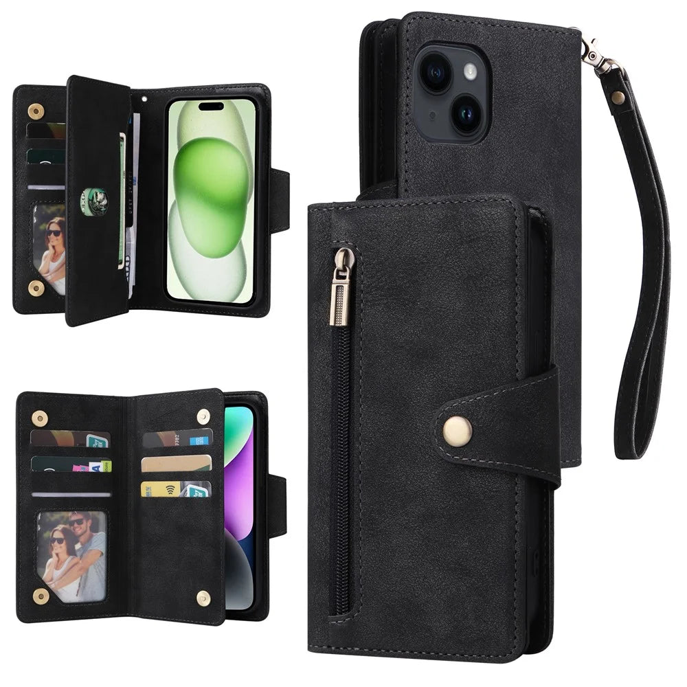 Rivet Decor Phone Case for iPhone 15 Wallet PU Leather Shell Stand Phone Cover - Black - 1