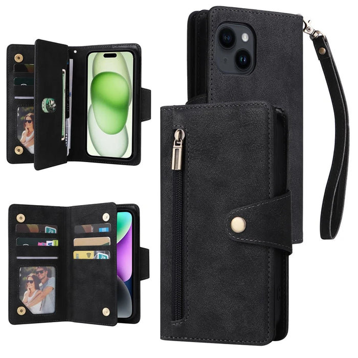 Rivet Decor Phone Case for iPhone 15 Wallet PU Leather Shell Stand Phone Cover - Black - 1