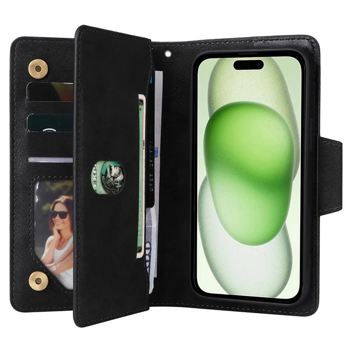 Rivet Decor Phone Case for iPhone 15 Wallet PU Leather Shell Stand Phone Cover - Black - 2