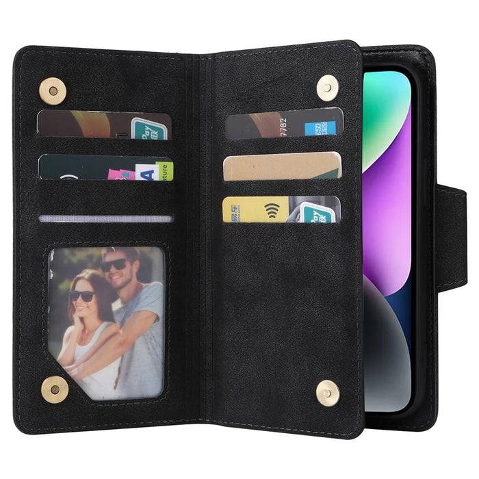 Rivet Decor Phone Case for iPhone 15 Wallet PU Leather Shell Stand Phone Cover - Black - 4