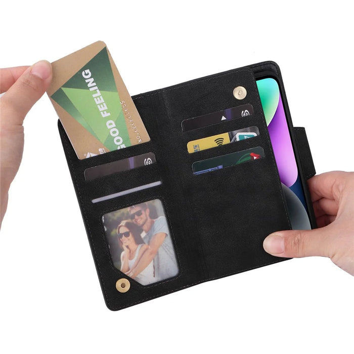 Rivet Decor Phone Case for iPhone 15 Wallet PU Leather Shell Stand Phone Cover - Black - 5