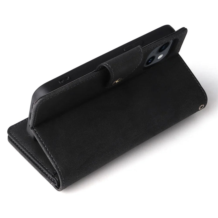 Rivet Decor Phone Case for iPhone 15 Wallet PU Leather Shell Stand Phone Cover - Black - 6