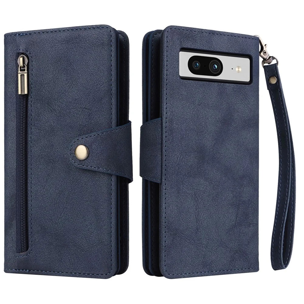 For Google Pixel 8 Stand Cell Phone Cover Wallet Rivet Decor PU Leather Phone Case - Blue - 1