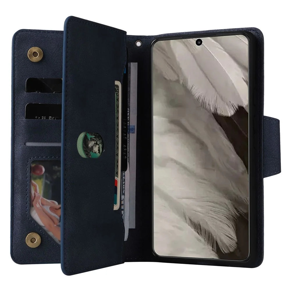 For Google Pixel 8 Stand Cell Phone Cover Wallet Rivet Decor PU Leather Phone Case - Blue - 3