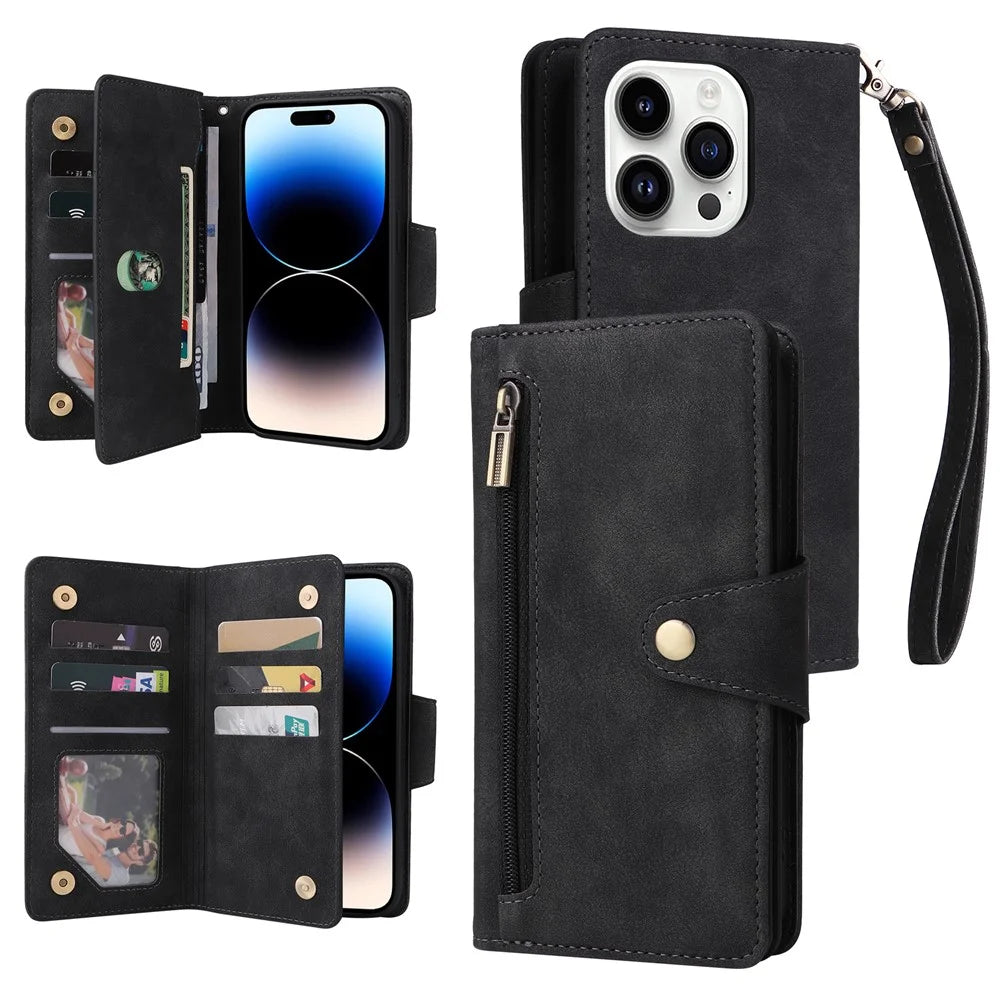 For iPhone 15 Pro Anti-Scratch PU Leather Wallet Rivet Decor Case Stand Phone Cover with Strap - Black - 1