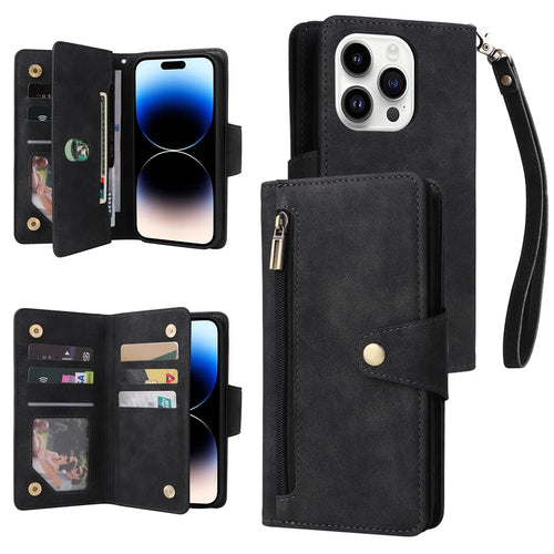 For iPhone 15 Pro Anti-Scratch PU Leather Wallet Rivet Decor Case Stand Phone Cover with Strap - Black - 1