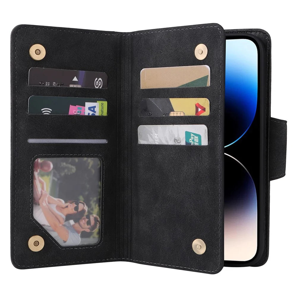 For iPhone 15 Pro Anti-Scratch PU Leather Wallet Rivet Decor Case Stand Phone Cover with Strap - Black - 2