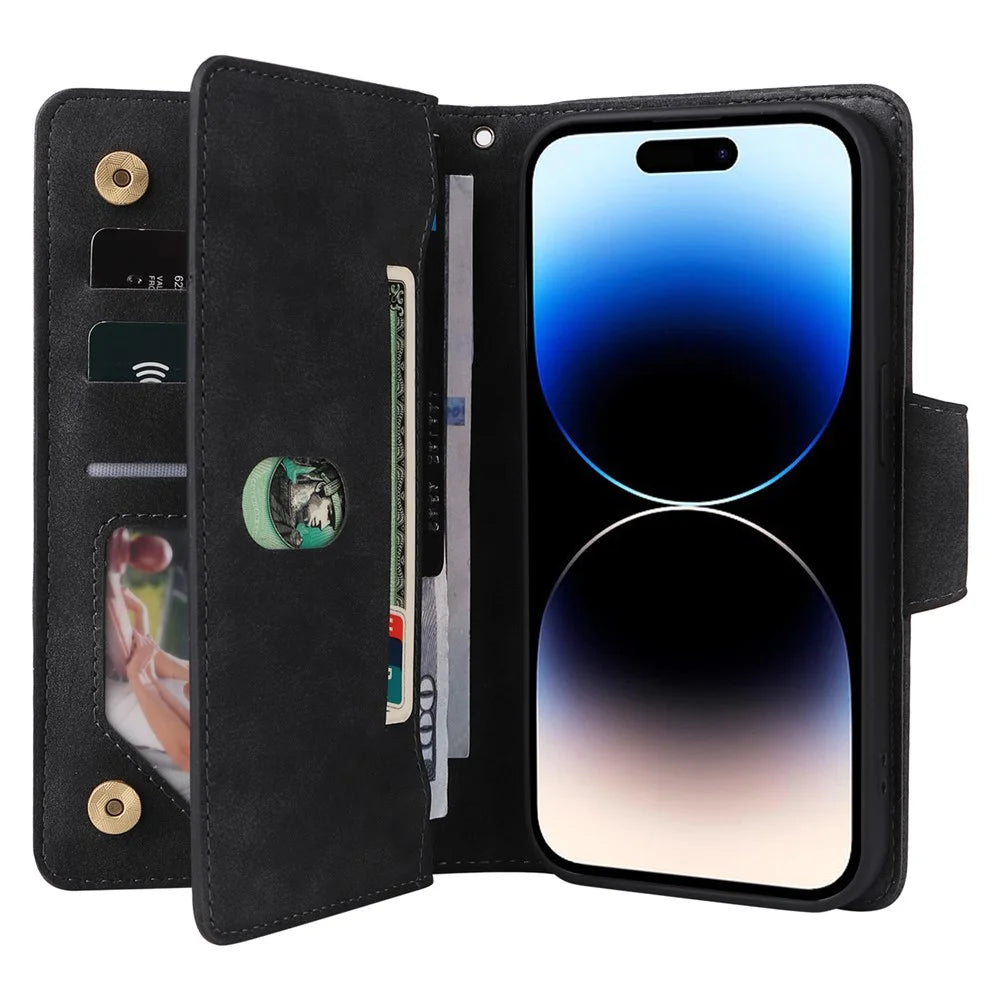 For iPhone 15 Pro Anti-Scratch PU Leather Wallet Rivet Decor Case Stand Phone Cover with Strap - Black - 3