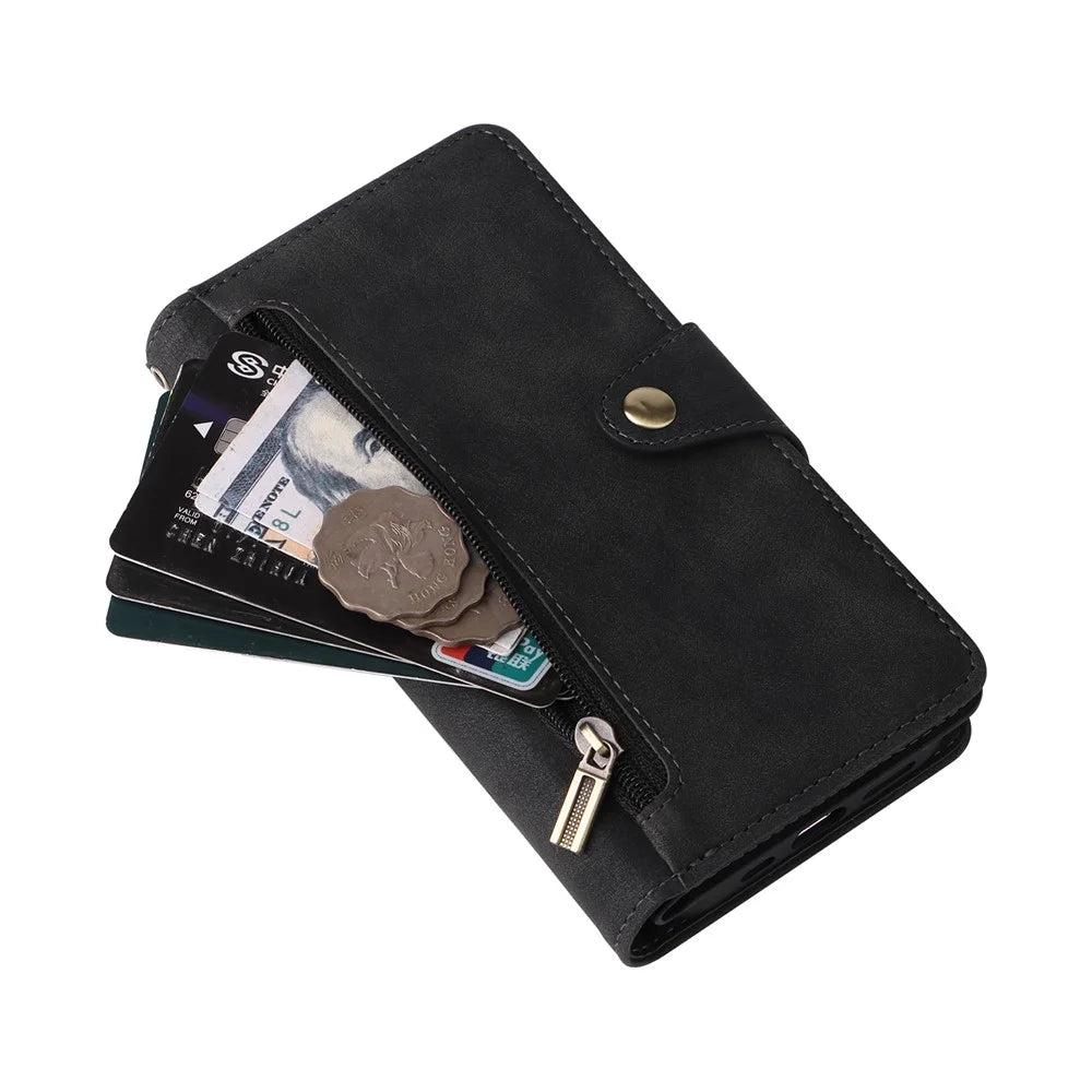 For iPhone 15 Pro Anti-Scratch PU Leather Wallet Rivet Decor Case Stand Phone Cover with Strap - Black - 5
