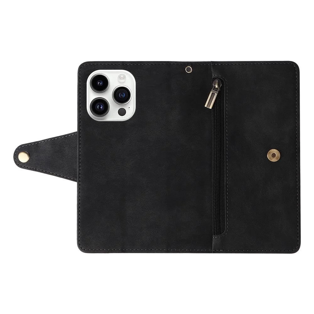 For iPhone 15 Pro Anti-Scratch PU Leather Wallet Rivet Decor Case Stand Phone Cover with Strap - Black - 6
