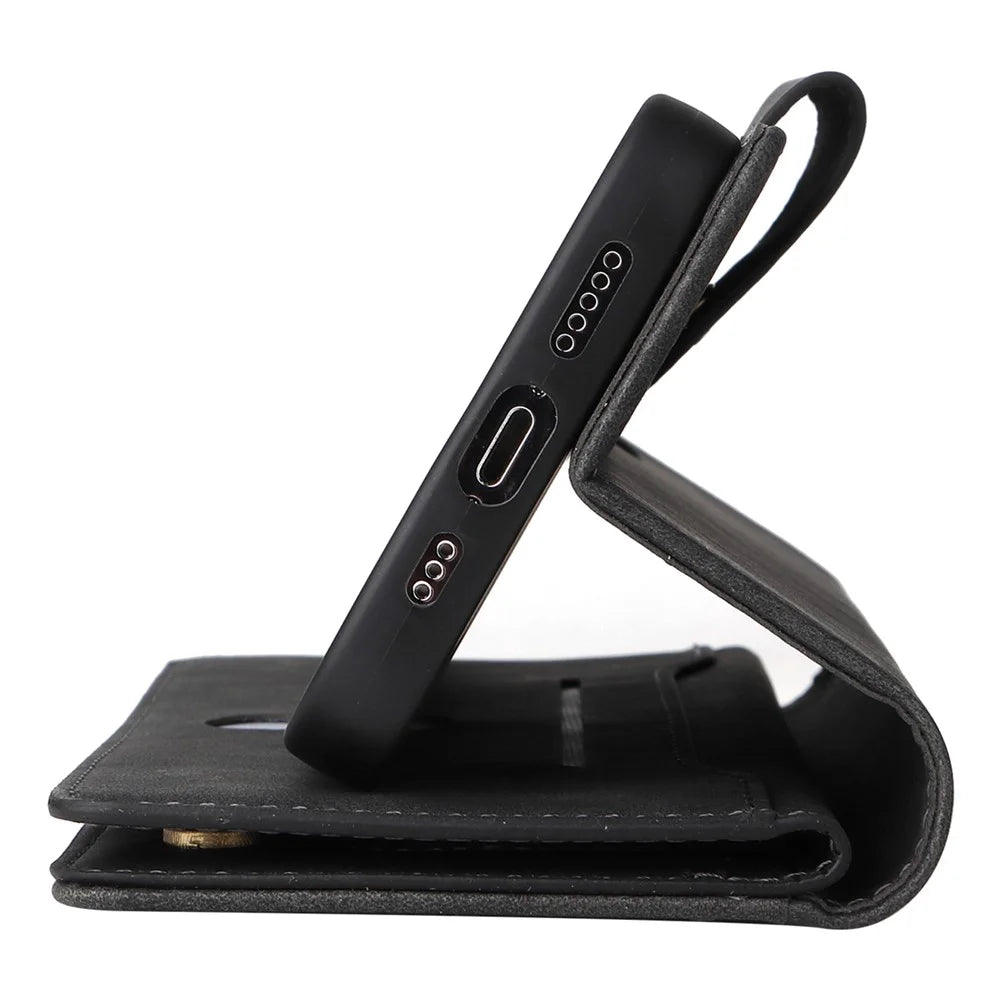 For iPhone 15 Pro Anti-Scratch PU Leather Wallet Rivet Decor Case Stand Phone Cover with Strap - Black - 7