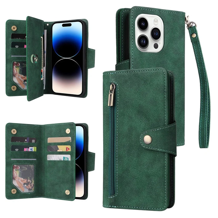 For iPhone 15 Pro Max Shockproof Phone Cover Rivet Decor PU Leather Case Stand Phone Shell Wallet - Green - 1