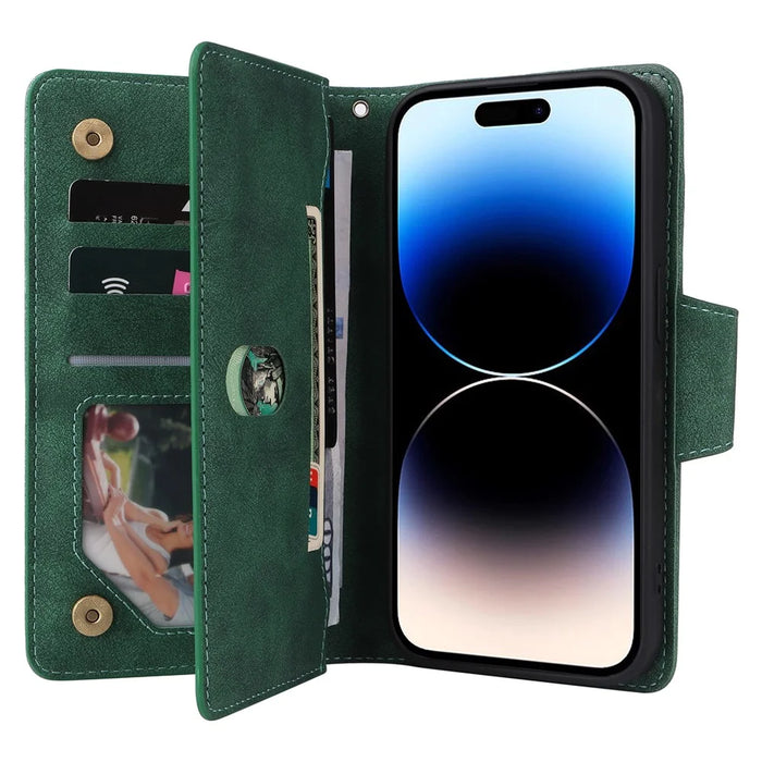 For iPhone 15 Pro Max Shockproof Phone Cover Rivet Decor PU Leather Case Stand Phone Shell Wallet - Green - 3