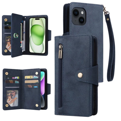 For iPhone 15 Plus Wallet Rivet Decor PU Leather Case Stand Phone Cover - Blue - 1