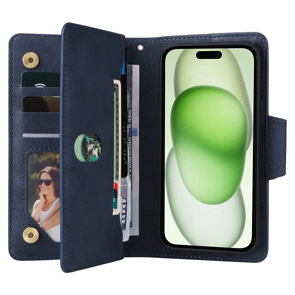 For iPhone 15 Plus Wallet Rivet Decor PU Leather Case Stand Phone Cover - Blue - 2