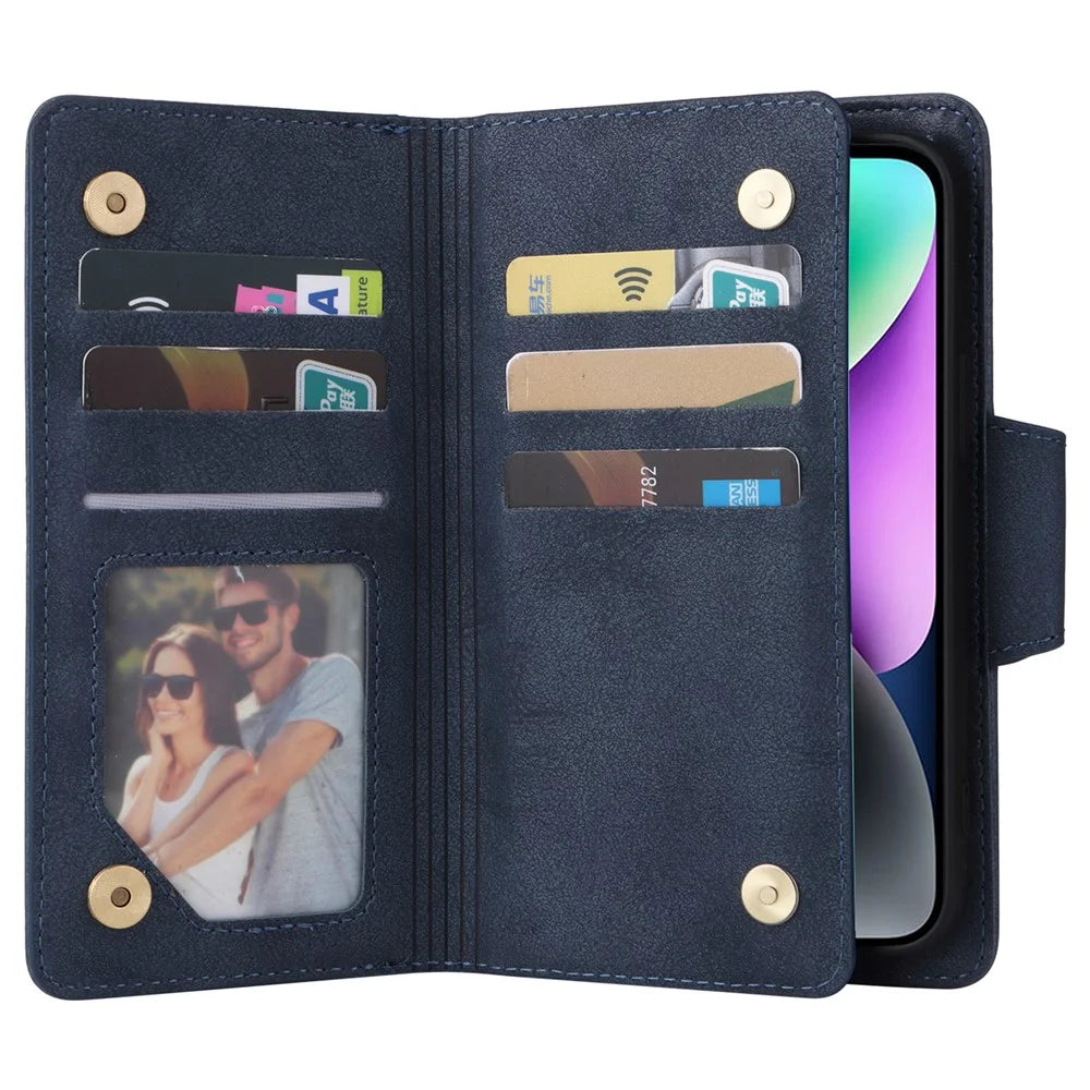 For iPhone 15 Plus Wallet Rivet Decor PU Leather Case Stand Phone Cover - Blue - 4