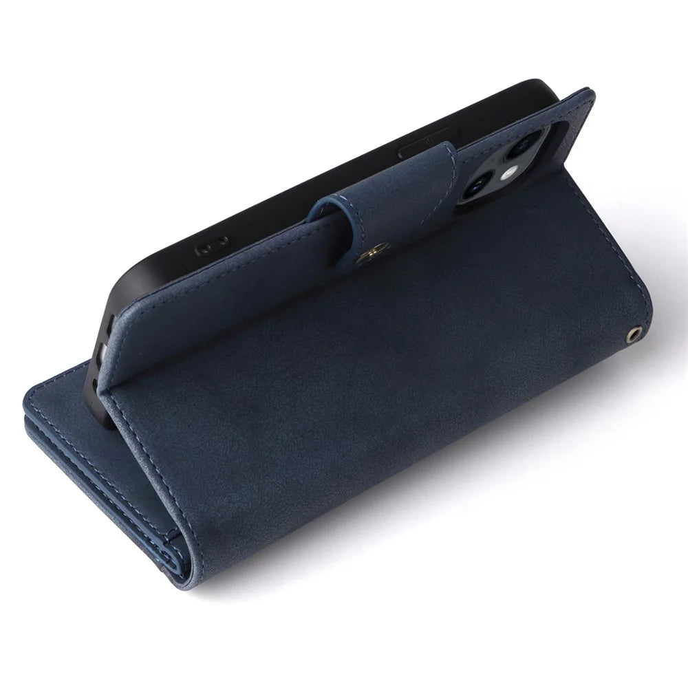 For iPhone 15 Plus Wallet Rivet Decor PU Leather Case Stand Phone Cover - Blue - 6