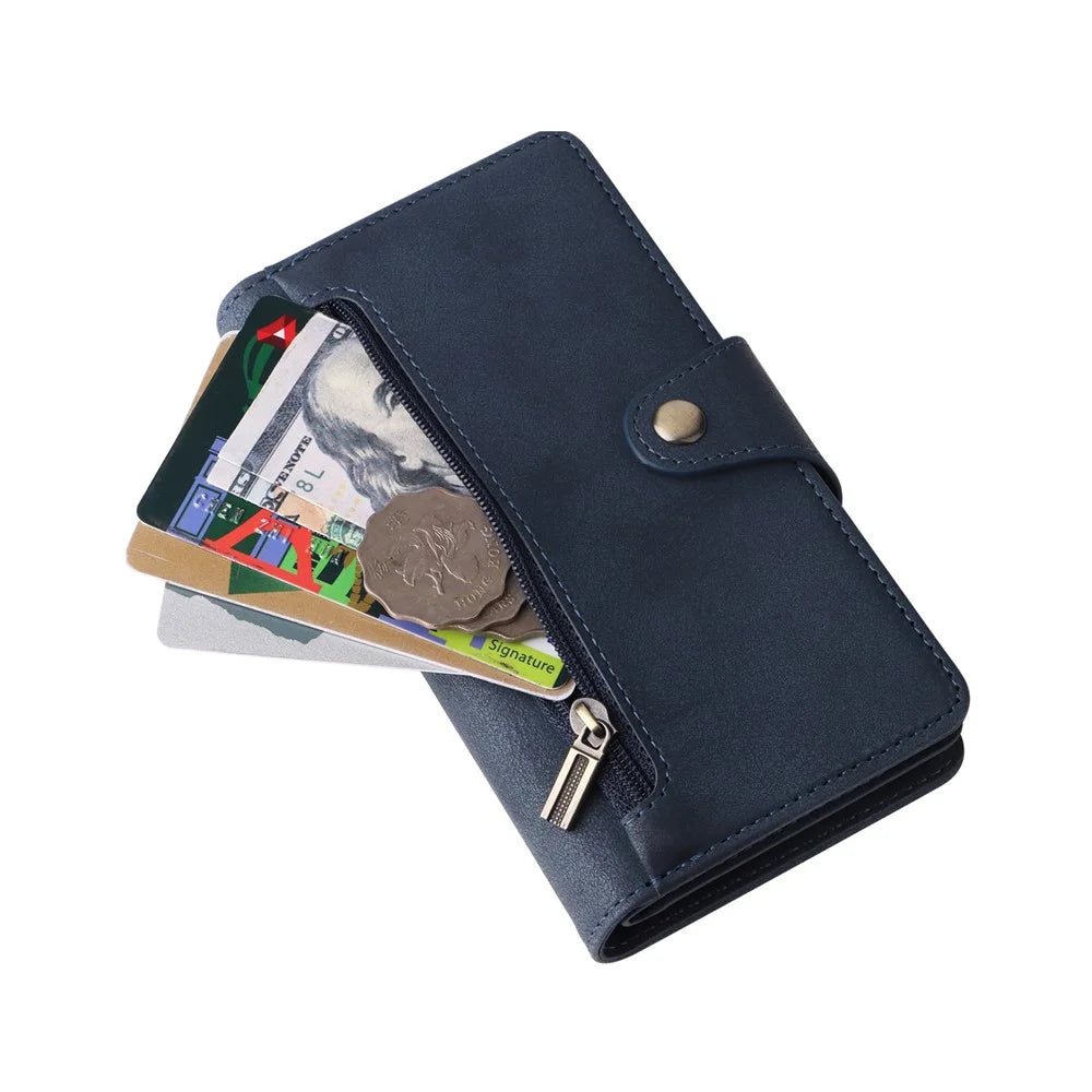 For iPhone 15 Plus Wallet Rivet Decor PU Leather Case Stand Phone Cover - Blue - 7