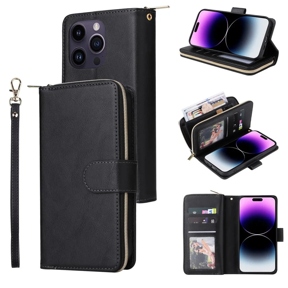 For iPhone 15 Pro Max Phone Stand Case Shell Zipper Pocket TPU+PU Leather Card Slots Wallet - Black - 1