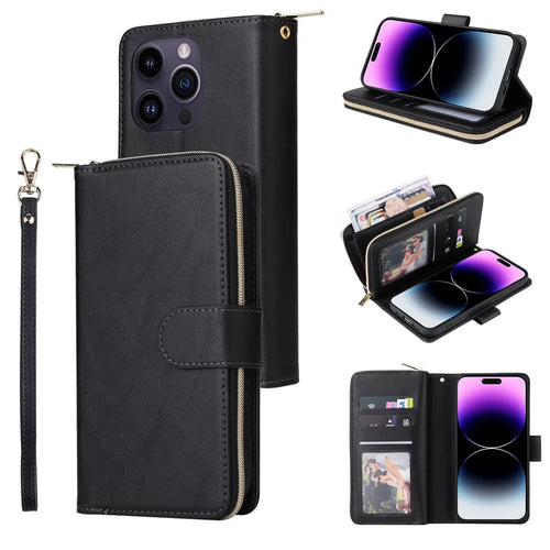 For iPhone 15 Pro Max Phone Stand Case Shell Zipper Pocket TPU+PU Leather Card Slots Wallet - Black - 1