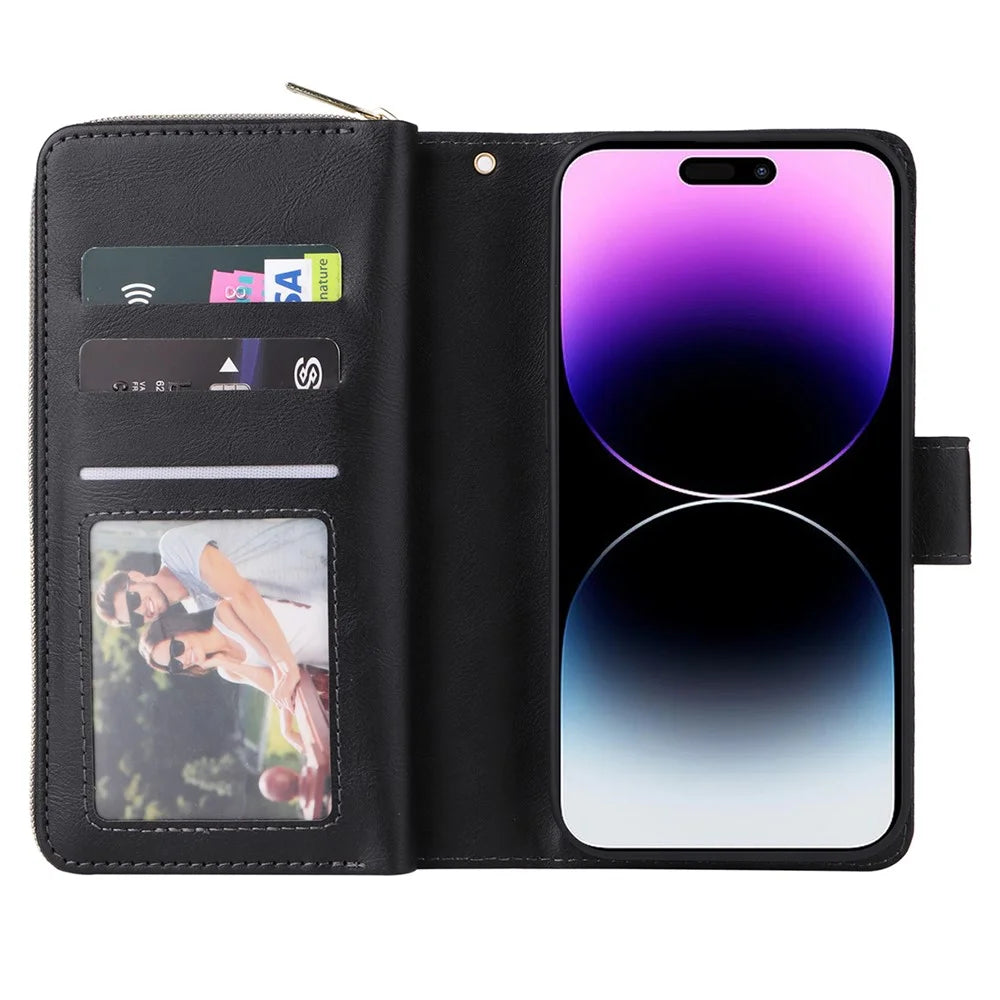 For iPhone 15 Pro Max Phone Stand Case Shell Zipper Pocket TPU+PU Leather Card Slots Wallet - Black - 2