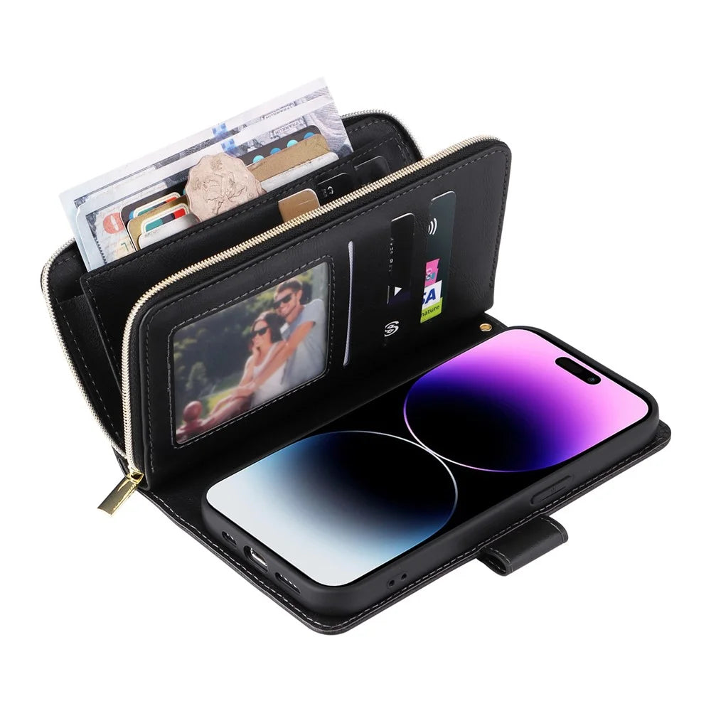 For iPhone 15 Pro Max Phone Stand Case Shell Zipper Pocket TPU+PU Leather Card Slots Wallet - Black - 3