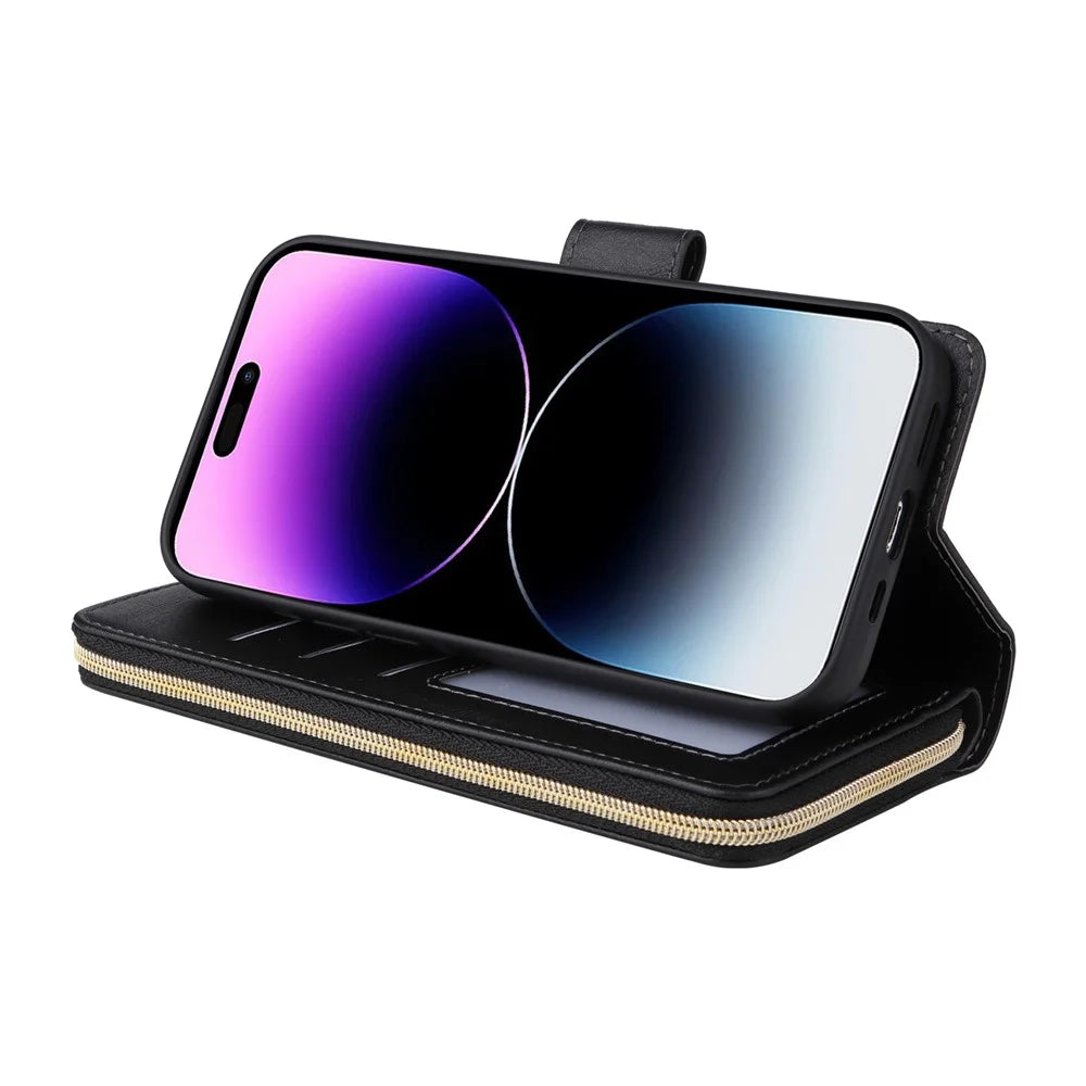 For iPhone 15 Pro Max Phone Stand Case Shell Zipper Pocket TPU+PU Leather Card Slots Wallet - Black - 4