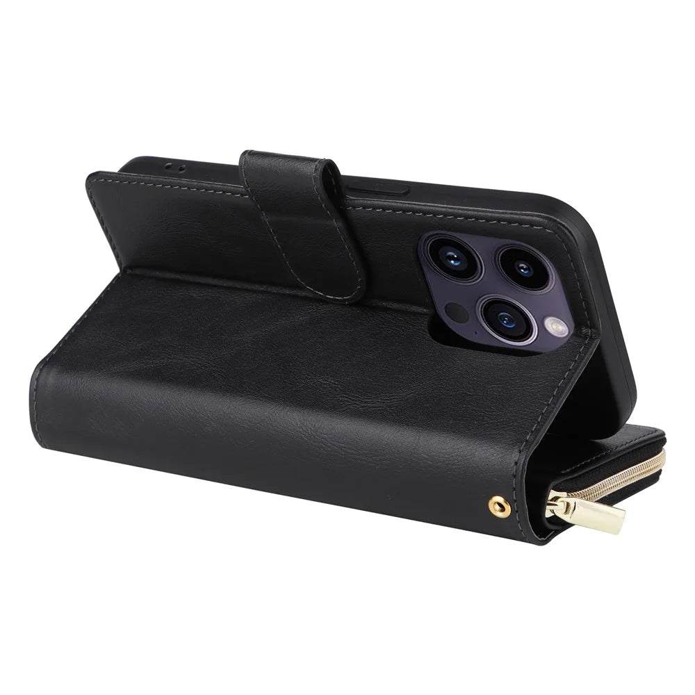 For iPhone 15 Pro Max Phone Stand Case Shell Zipper Pocket TPU+PU Leather Card Slots Wallet - Black - 5