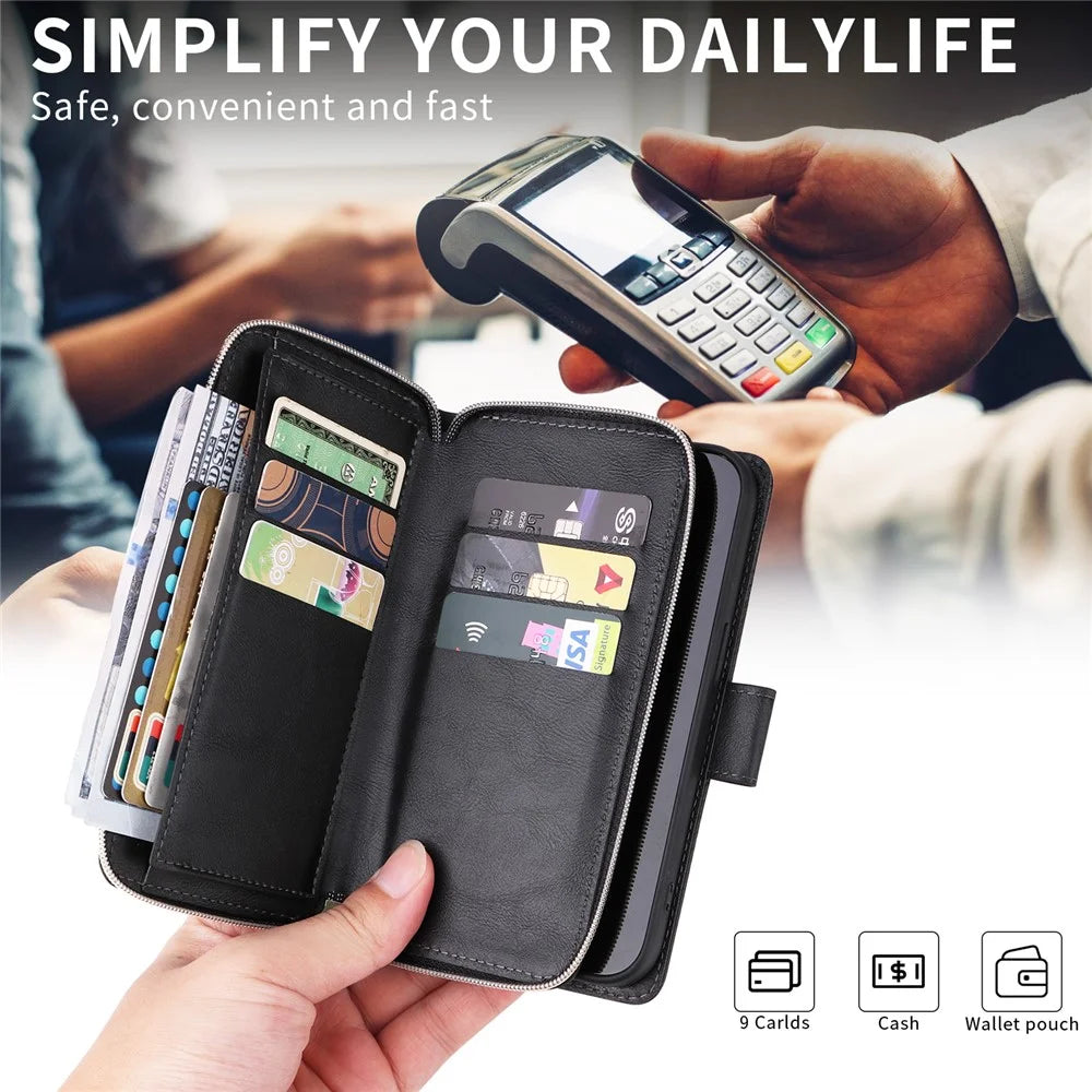 For iPhone 15 Pro Max Phone Stand Case Shell Zipper Pocket TPU+PU Leather Card Slots Wallet - Black - 6