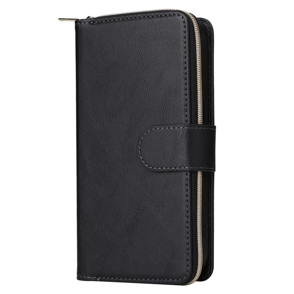 For iPhone 15 Pro Max Phone Stand Case Shell Zipper Pocket TPU+PU Leather Card Slots Wallet - Black - 7