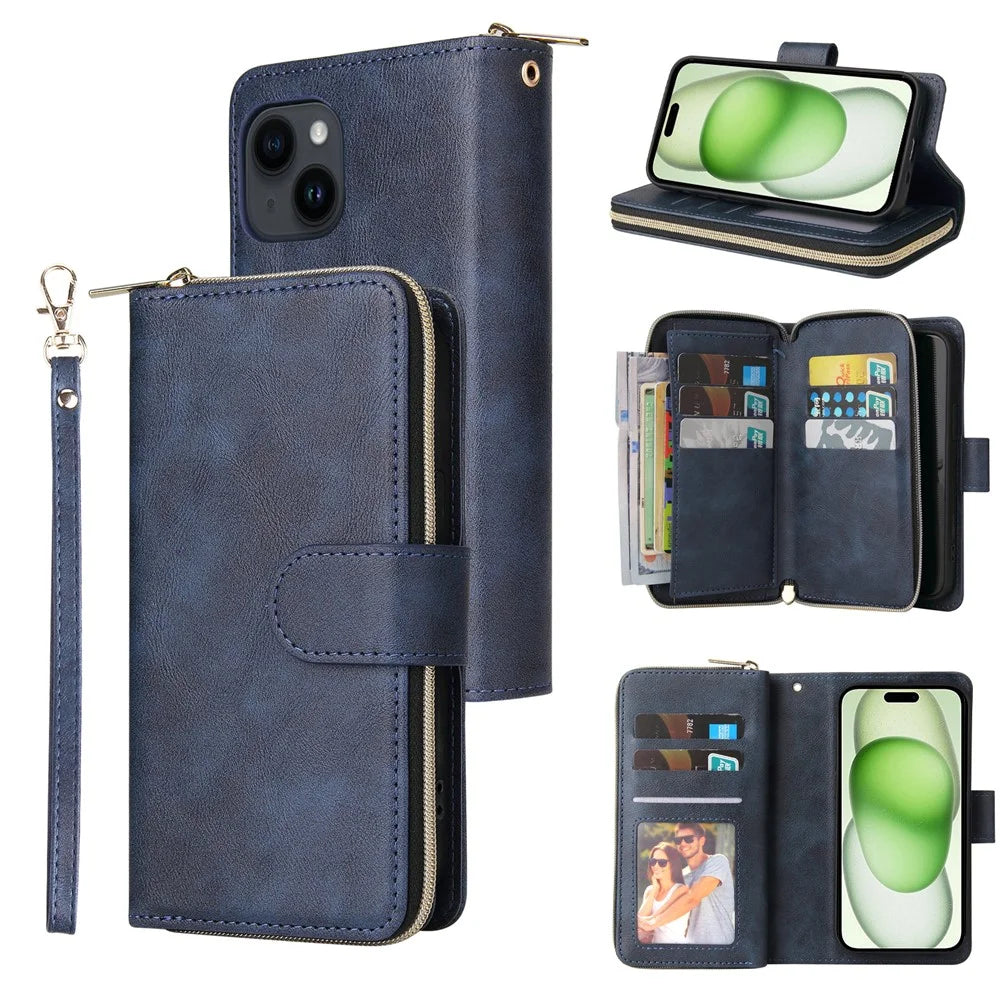 For iPhone 15 Plus Mobile Phone Stand Cover Zipper Pocket Case 9 Card Slots PU Leather Wallet - Blue - 1