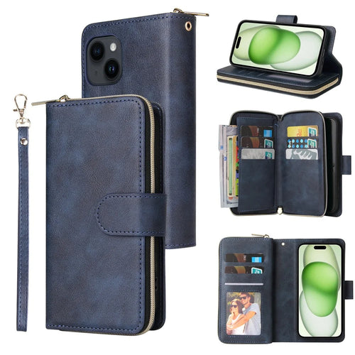 For iPhone 15 Plus Mobile Phone Stand Cover Zipper Pocket Case 9 Card Slots PU Leather Wallet - Blue - 1