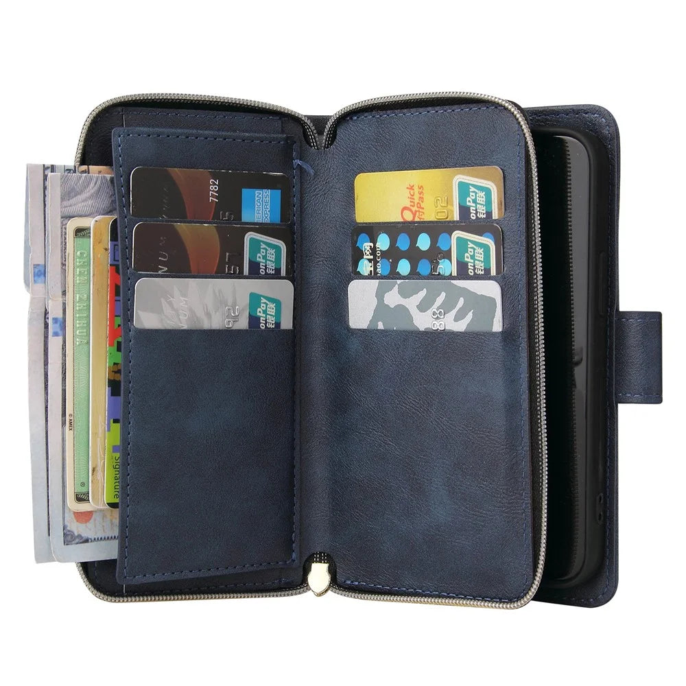 For iPhone 15 Plus Mobile Phone Stand Cover Zipper Pocket Case 9 Card Slots PU Leather Wallet - Blue - 2