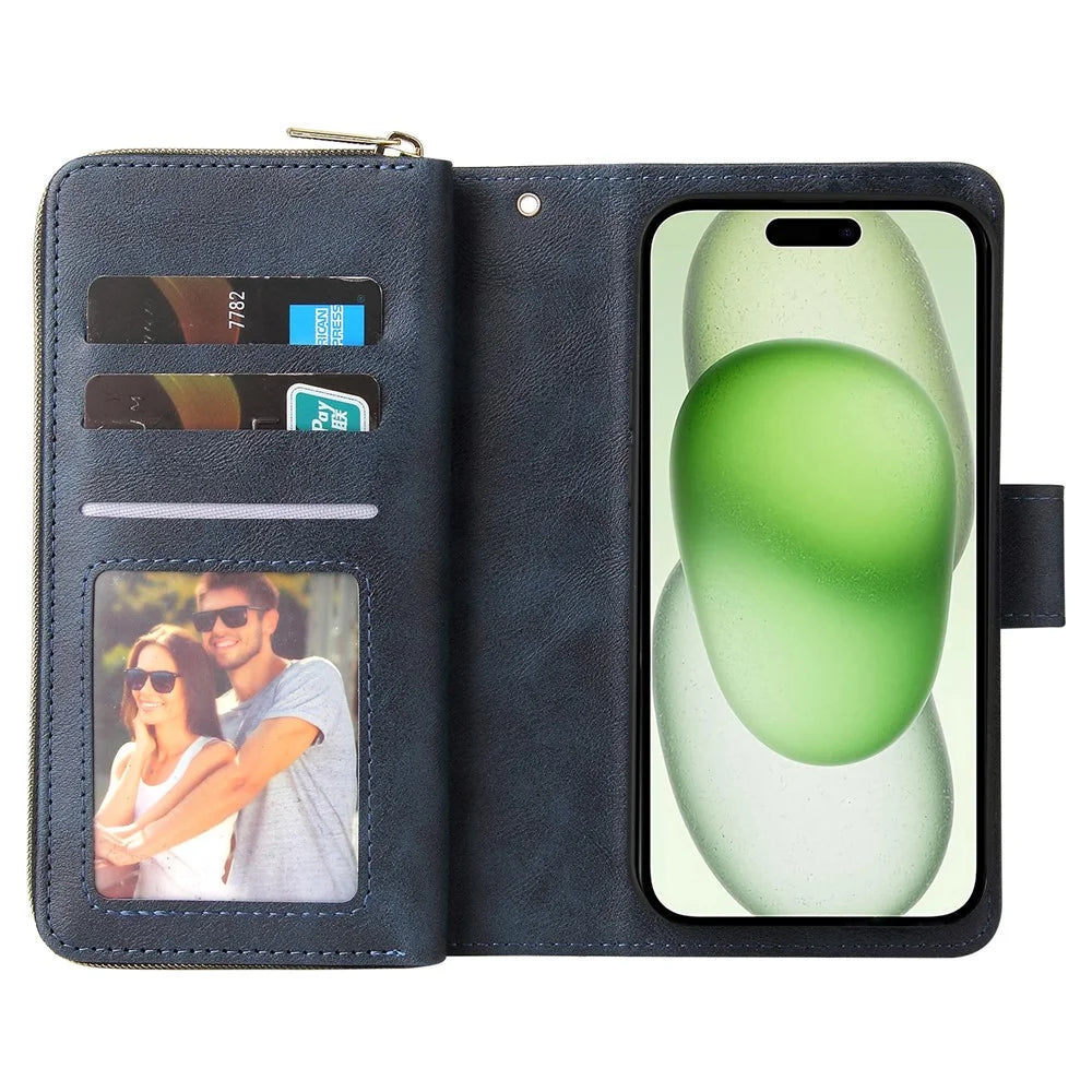 For iPhone 15 Plus Mobile Phone Stand Cover Zipper Pocket Case 9 Card Slots PU Leather Wallet - Blue - 3