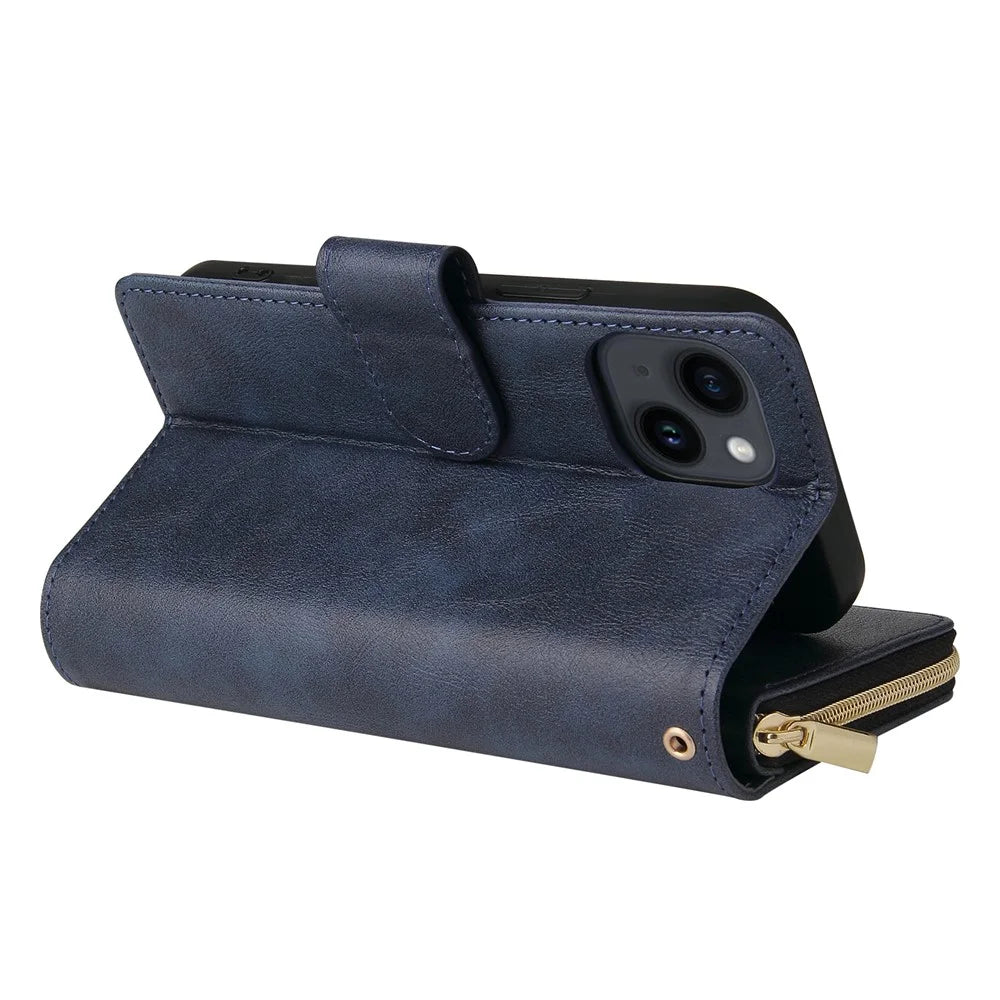 For iPhone 15 Plus Mobile Phone Stand Cover Zipper Pocket Case 9 Card Slots PU Leather Wallet - Blue - 5