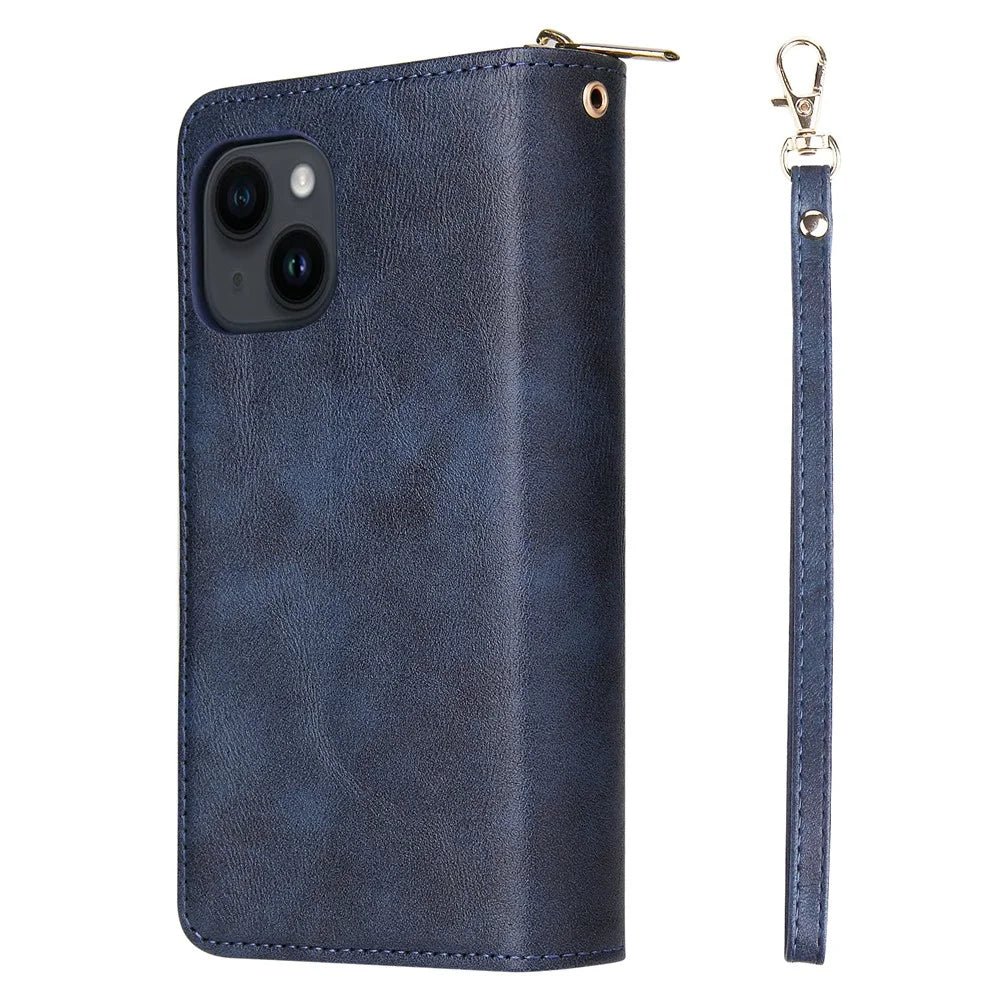 For iPhone 15 Plus Mobile Phone Stand Cover Zipper Pocket Case 9 Card Slots PU Leather Wallet - Blue - 7