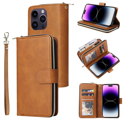 For iPhone 15 Pro Cases 9 Card Slots PU Leather Wallet Zippered Phone Stand Cover - Brown - 1