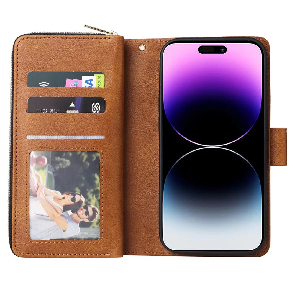 For iPhone 15 Pro Cases 9 Card Slots PU Leather Wallet Zippered Phone Stand Cover - Brown - 2