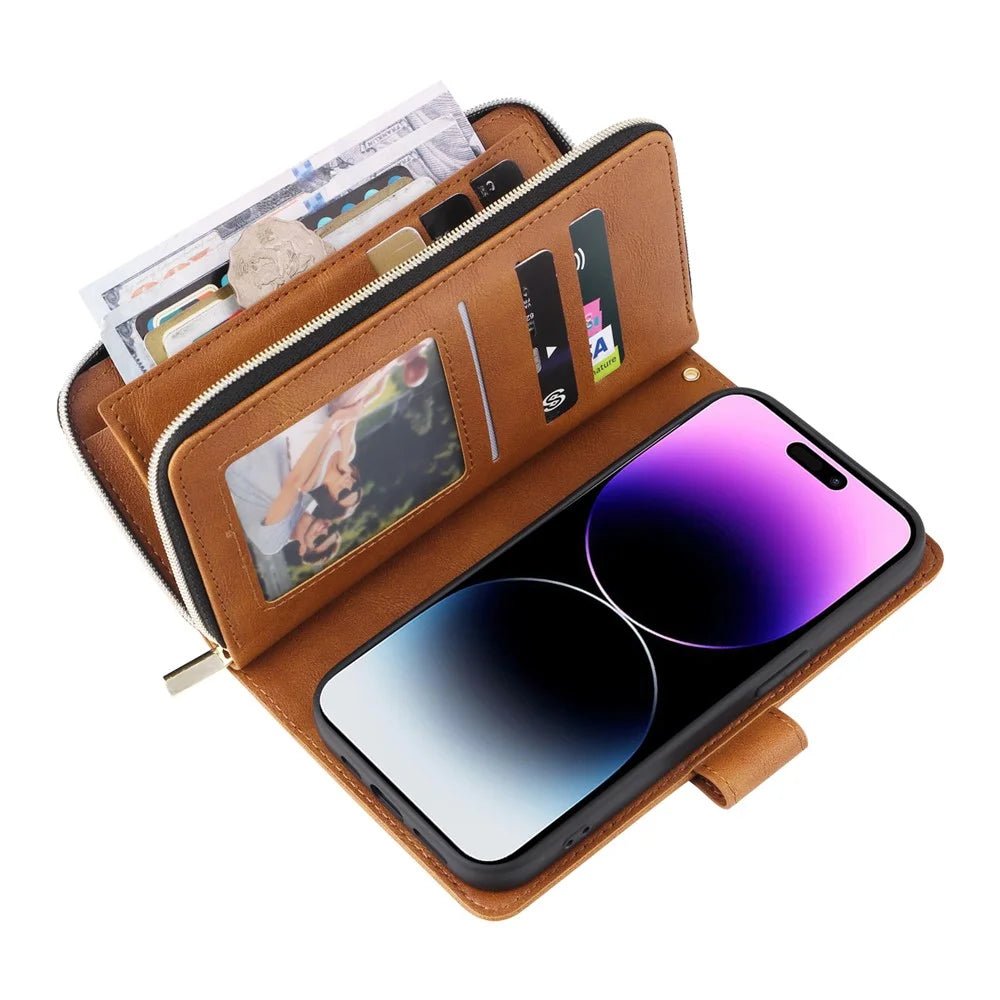 For iPhone 15 Pro Cases 9 Card Slots PU Leather Wallet Zippered Phone Stand Cover - Brown - 3