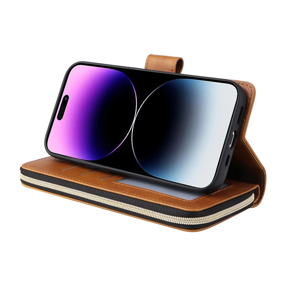 For iPhone 15 Pro Cases 9 Card Slots PU Leather Wallet Zippered Phone Stand Cover - Brown - 4