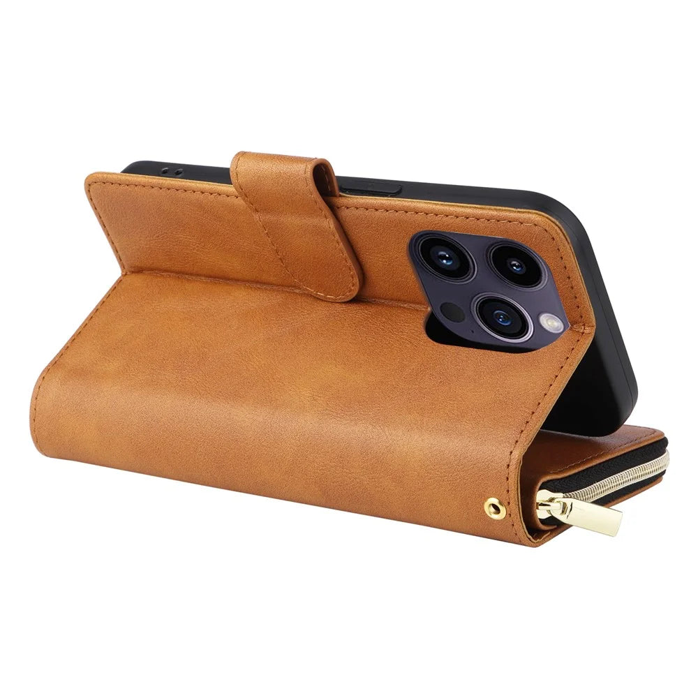 For iPhone 15 Pro Cases 9 Card Slots PU Leather Wallet Zippered Phone Stand Cover - Brown - 5