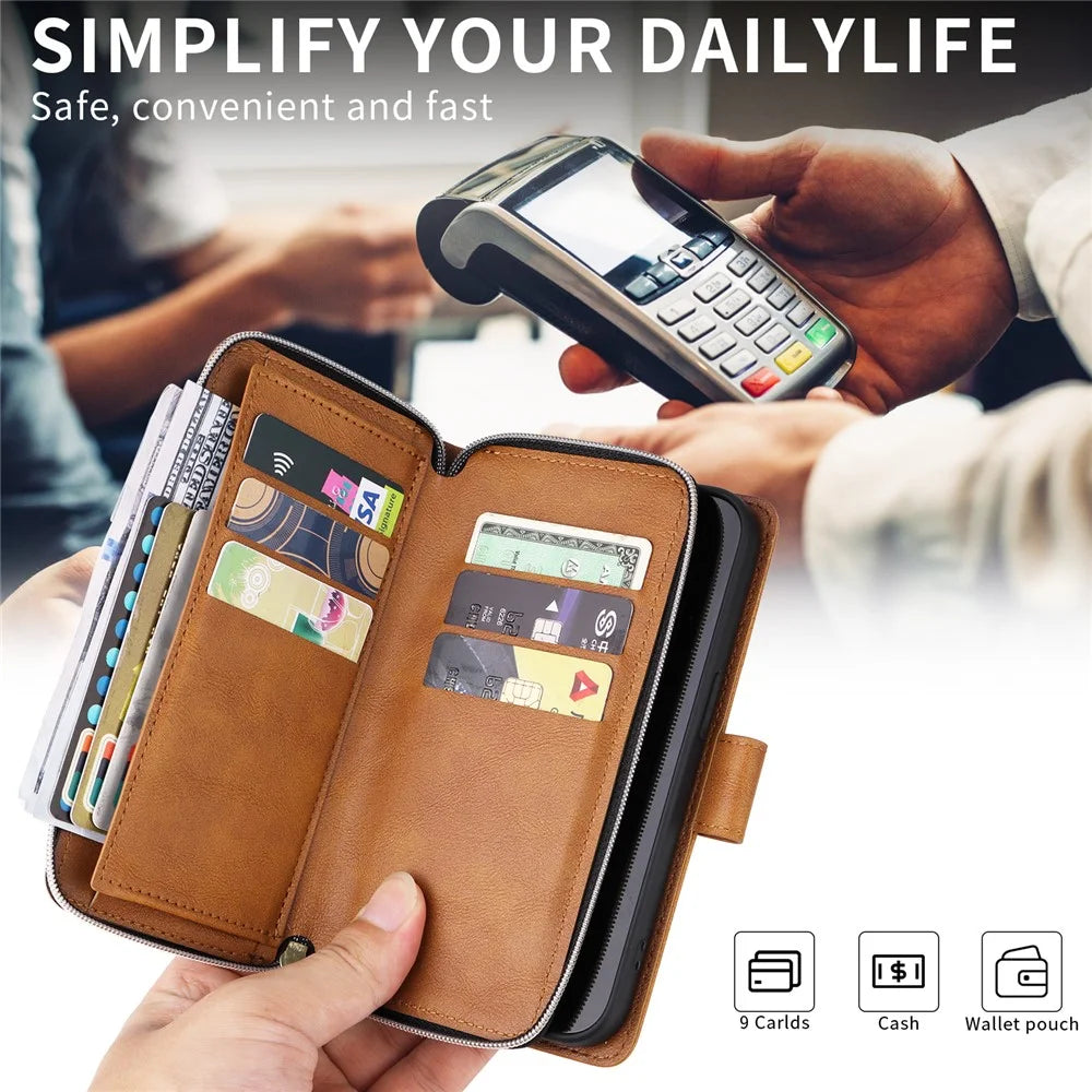 For iPhone 15 Pro Cases 9 Card Slots PU Leather Wallet Zippered Phone Stand Cover - Brown - 6
