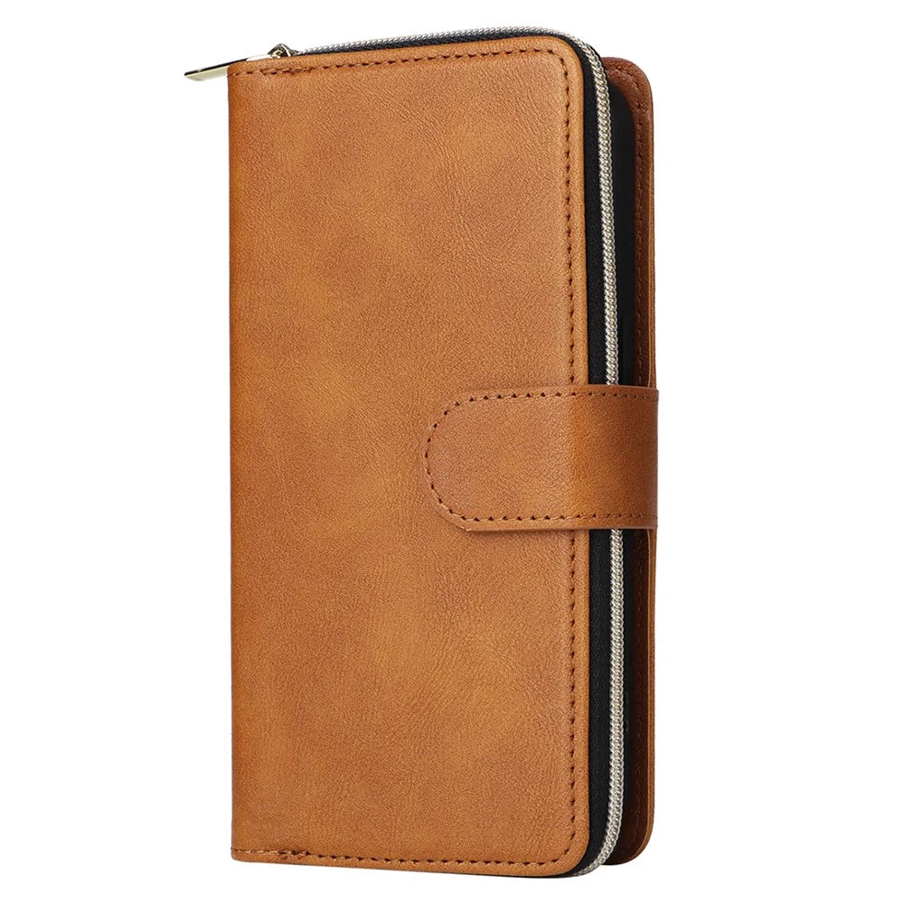 For iPhone 15 Pro Cases 9 Card Slots PU Leather Wallet Zippered Phone Stand Cover - Brown - 7