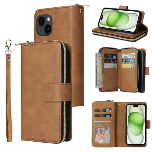 For iPhone 15 Zipper Pocket Case 9 Card Slots PU Leather Wallet Mobile Phone Stand Cover Shell - Brown - 1