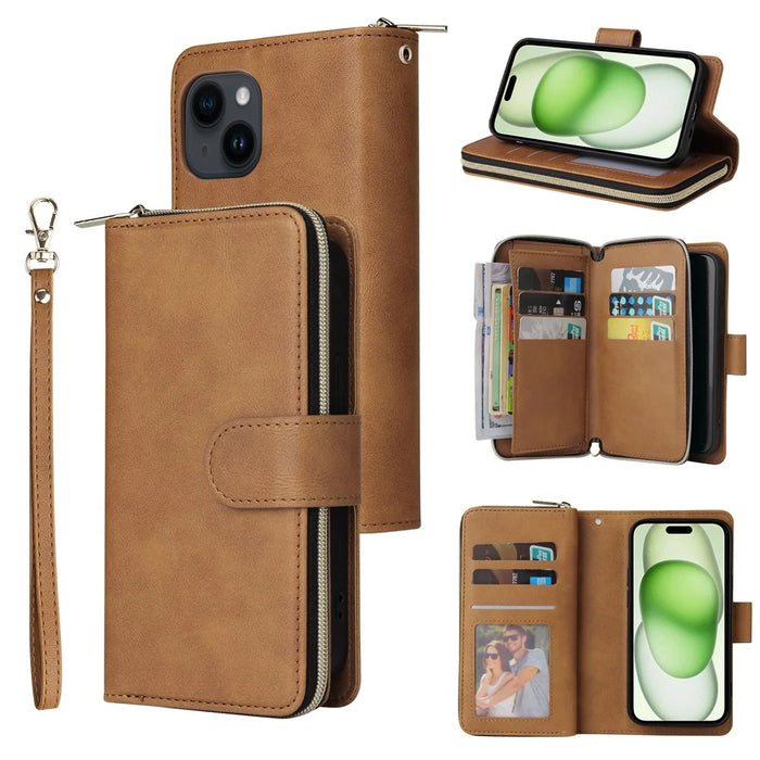 For iPhone 15 Zipper Pocket Case 9 Card Slots PU Leather Wallet Mobile Phone Stand Cover Shell - Brown - 1