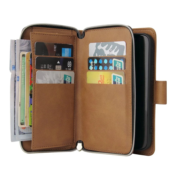 For iPhone 15 Zipper Pocket Case 9 Card Slots PU Leather Wallet Mobile Phone Stand Cover Shell - Brown - 2